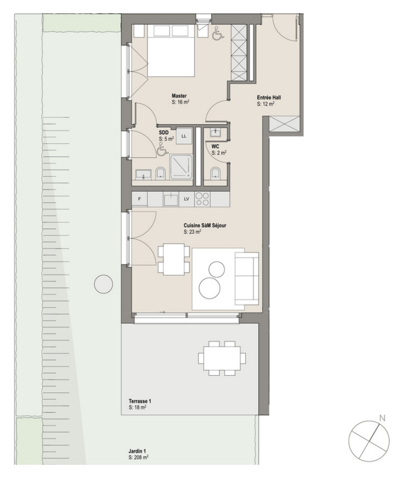 Plan et surfaces du lot 2.02, 3 pièces