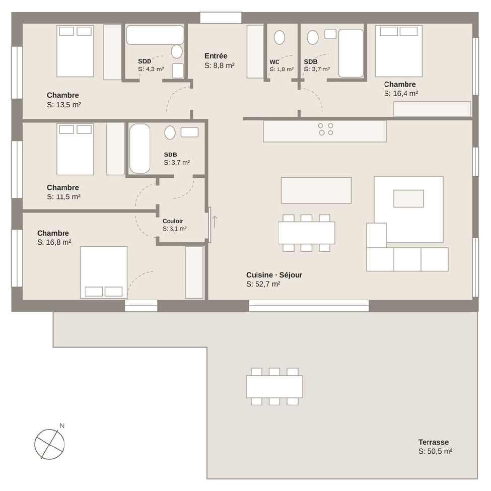 Plan et surfaces du lot 3.02, 6 pièces