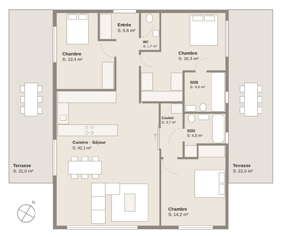 Plan et surfaces du lot 4.02, 5 pièces